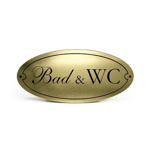 Bad & WC Schild Kunststoff Gold Silber graviert oval selbstklebend Toilettenschild wetterfest Deko Vintage Türschild 15 x 7 cm (Gold) von Dekolando