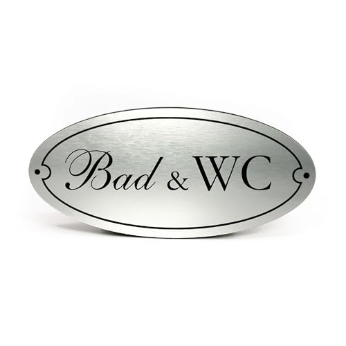 Bad & WC Schild Kunststoff Gold Silber graviert oval selbstklebend Toilettenschild wetterfest Deko Vintage Türschild 15 x 7 cm (Silber) von Dekolando