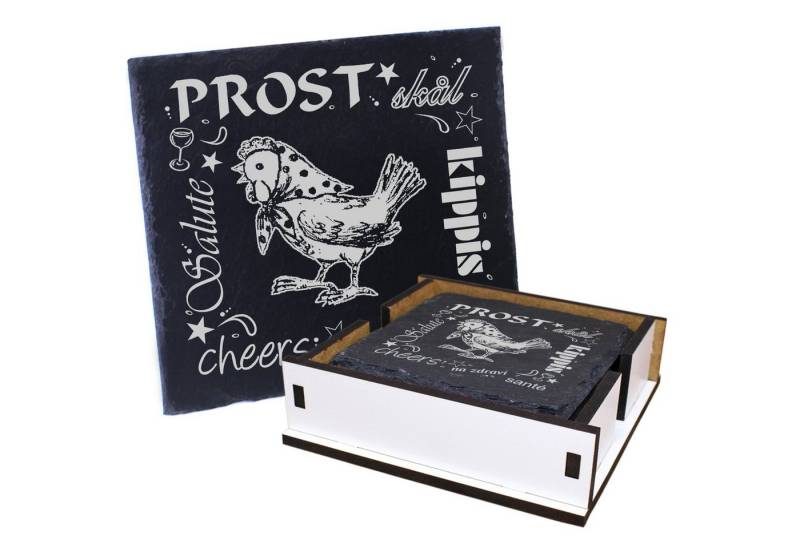 Dekolando Getränkeuntersetzer Prost Huhn mit Kopftuch - inkl. Box & Flaschenuntersetzer, 6-tlg. von Dekolando