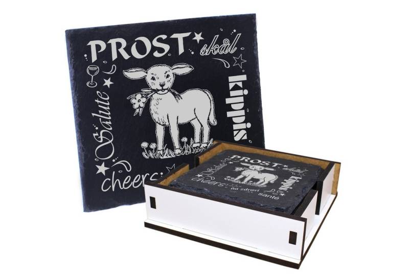 Dekolando Getränkeuntersetzer Prost Lamm mit Blume - inkl. Box & Flaschenuntersetzer, 6-tlg. von Dekolando