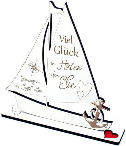 Dekolando Hochzeitsgeschenk für Brautpaar Geschenk Hochzeit Geldgeschenk Schiff - Viel Glück im Hafen der Ehe - graviert weiß Holz 19 x 20 cm von Dekolando