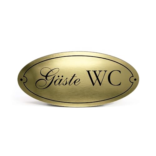 Gäste WC Schild Kunststoff Gold Silber graviert oval selbstklebend Gästetoilette wetterfest Deko Vintage Türschild 15 x 7 cm (Gold) von Dekolando