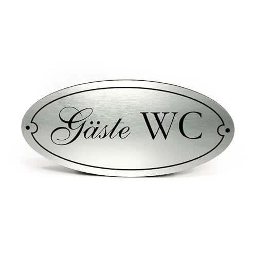 Gäste WC Schild Kunststoff Gold Silber graviert oval selbstklebend Gästetoilette wetterfest Deko Vintage Türschild 15 x 7 cm (Silber) von Dekolando