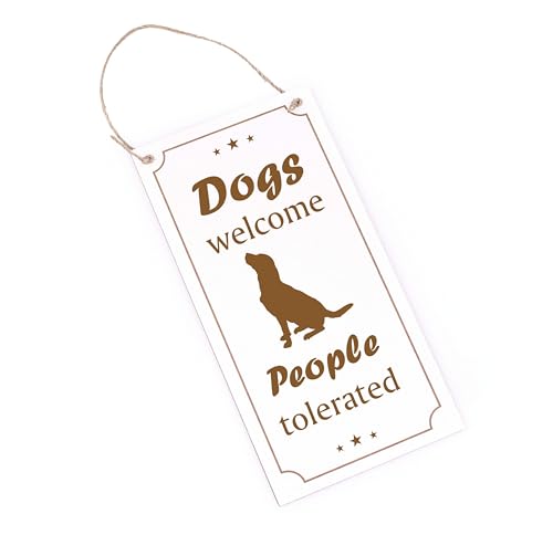 Hunde Willkommen Schild Holz graviert - Dogs welcome People tolerated - Türschild Haustürschild Hundedeko 10 x 20 cm von Dekolando