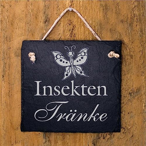 Insekten Tränke Schild Schiefertafel graviert Schmetterling Trinkplatz Gartenschild Deko Hinweisschild 11x11cm von Dekolando