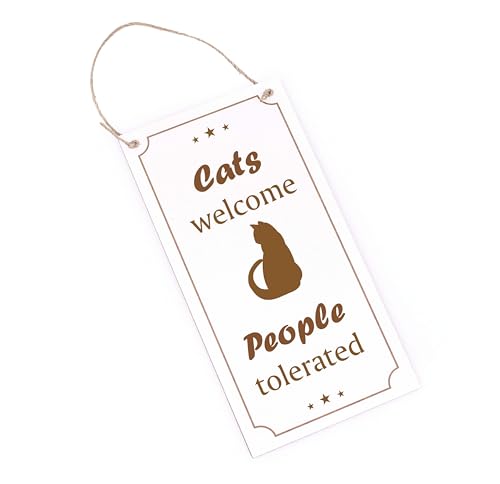Katzen Willkommen Schild Holz graviert - Cats welcome People tolerated - Türschild Katzendeko für Kratzbaum Katzenklo 10 x 20 cm von DEKOLANDO