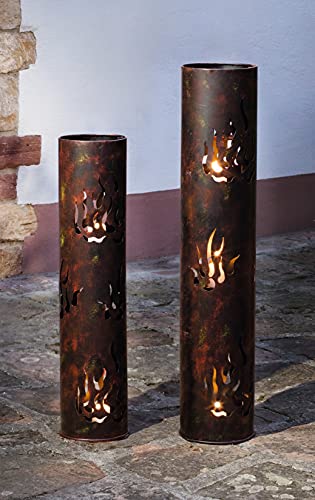 Dekoleidenschaft 2 Windlichtsäulen Flammen aus Metall, 80 + 99 cm hoch, Kerzenhalter für Draussen, Garten, Balkon und Terrasse, Kerzenständer, Dekosäule mit Kerzenglas, Kerzensäule, Metallsäule von Dekoleidenschaft