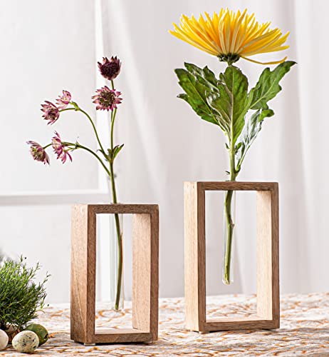 2X Deko-Vase Minimal aus Mangoholz, mit Reagenzglas, Blumenvase, Reagenzglasständer, Vasen-Set von Dekoleidenschaft