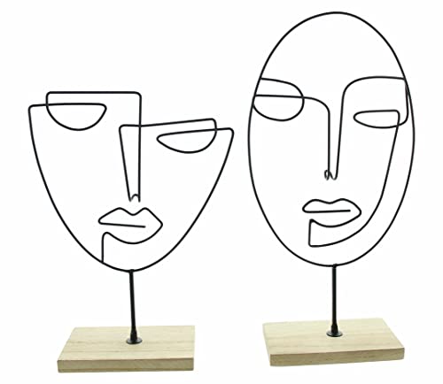 Dekoleidenschaft 2X Dekofigur Gesicht aus Metall, schwarz, 26 + 34 cm hoch, Moderne Skulptur mit Holzsockel von Dekoleidenschaft