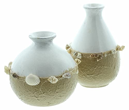 2X Dekovase Muscheln klein 8 + 11 cm hoch, weiß/beige, mit Muscheln verziert, Vase für Trockenblumen von Dekoleidenschaft