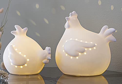 Dekoleidenschaft 2X Huhn White aus Porzellan, weiß, mit LED Beleuchtung, Osterdeko zum hinstellen, Hühnerfigur, Dekofigur, Porzellandeko Leuchtend von Dekoleidenschaft