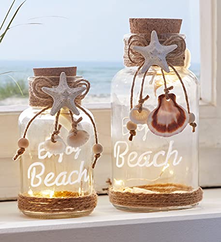 2X LED Glas Beach Windlichtglas mit Leuchtdraht, 12 & 16 cm hoch, Maritime Leuchtdeko, Laterne, batteriebetrieben, Windlicht, Leuchtdeko, Tischdeko von Dekoleidenschaft