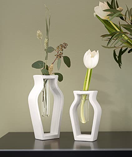 2X Vase Amphore aus Porzellan, weiß glänzend, mit Reagenzglas, Blumenvase, Reagenzglasständer von Dekoleidenschaft