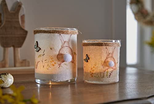2X Windlicht Puschel aus Glas, mit Hasen Motiv auf Jute Stoff, Kerzenhalter, Teelichthalter, Windlichtg-Gas, Teelichtgläser, Oster-Deko, Tischdeko von Dekoleidenschaft