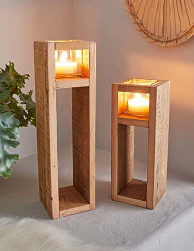 2X Windlicht-Säule Wood aus Holz & Glas, 30 + 40 cm hoch, Kerzenhalter aus recyceltem Holz, Kerzenständer, Deko-Säule für Wohnzimmer, Holzsäule mit Kerzenglas von Dekoleidenschaft