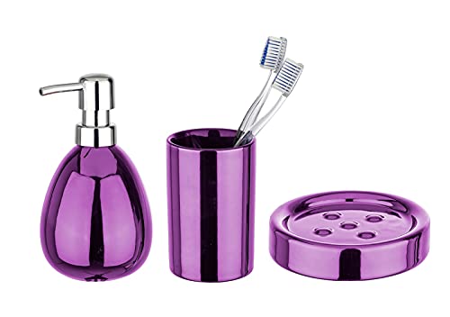 3 TLG. Bad-Set Polaris aus Keramik, pink, Badezimmer Accessoires-Set mit Seifenschale, Seifenspender und Zahnputz-Becher von Dekoleidenschaft