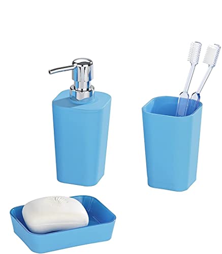 3 TLG. Bad-Set Rainbow in blau mit Soft-Touch Oberfläche, Badezimmer Accessoires-Set mit Seifenschale, Seifenspender und Zahnputz-Becher von Dekoleidenschaft