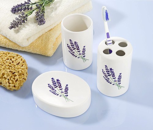 3 TLG. Badset weiß, mit Lavendel-Dekor - Zahnputzbecher, Zahnbürstenhalter und Seifenschale, Bad-Accessoires Set, Badezimmer Zubehör, Gäste-WC von Dekoleidenschaft