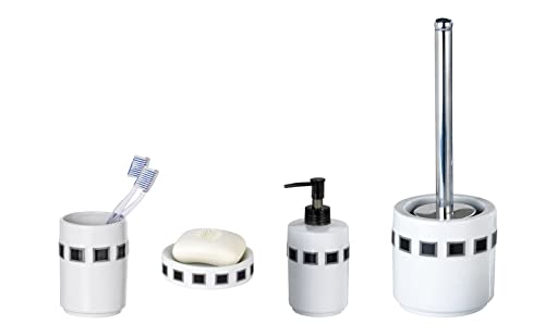 4 TLG. Bad-Set Mosaik aus Porzellan, weiß, Badezimmer Accessoires-Set mit WC-Garnitur, Seifenspender, Seifenschale und Zahnputz-Becher von Dekoleidenschaft