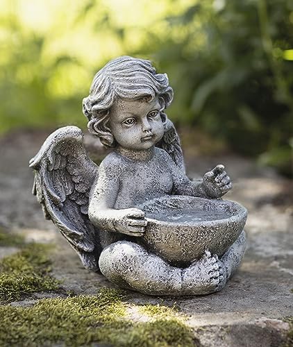 Dekofigur "Engel mit Schale" in Stein Optik, Gartendekofigur, Vogeltränke, Vogelbad, Garten-Deko für Draußen, Engelfigur mit Wasserschale von Dekoleidenschaft