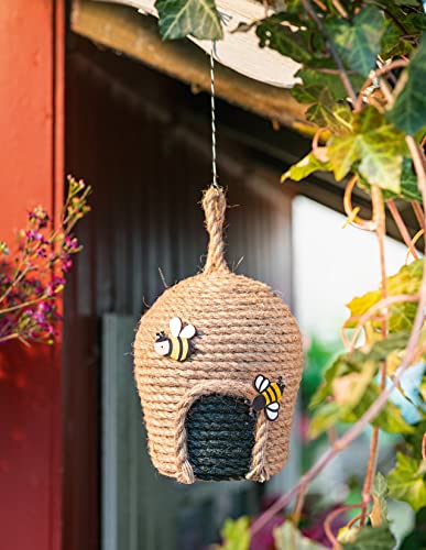 Dekohänger Bienenkorb aus Pflanzenfasern mit Holz Bienen zum Aufhängen, Deko Bienenstock, Hängedeko, Gartendeko für Draußen von Dekoleidenschaft