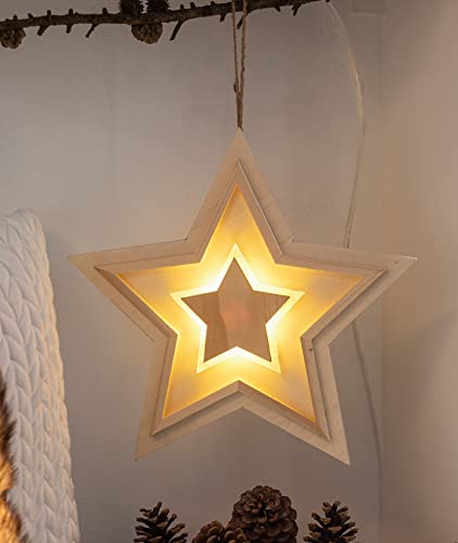 Dekohänger Stern in Stern aus Holz mit warmweißer LED Beleuchtung, Weihnachtsdekoration, Hängedekoration, Leuchtstern von Dekoleidenschaft