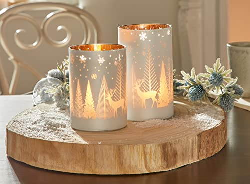 Dekoleidenschaft 2 Windlichter Winterlandschaft 12 + 15 cm hoch, Kerzenhalter aus weißem Glas, Innen silbern verspiegelt, Glas-Windlicht, Teelichtgläser, Winterdeko, Deko Wohnzimmer von Dekoleidenschaft