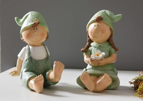 Dekoleidenschaft 2X Dekofigur Frühling Junge und Mädchen aus Polyresin, Gartenfigur wetterfest, Gartendeko für Draußen von Dekoleidenschaft