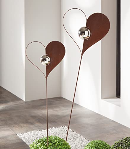 Dekoleidenschaft 2X Gartenstecker Herz mit Kugel aus Metall in Rost-Optik, 100 & 123 cm hoch, Dekostecker, Garten-Deko für Draußen von Dekoleidenschaft