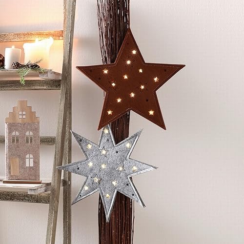 Dekoleidenschaft 2X LED Dekohänger Stern aus Filz, grau + braun, Ø 30 cm, Fensterschmuck zum Aufhängen, Weihnachtsdeko mit Beleuchtung, Leuchtdeko von Dekoleidenschaft