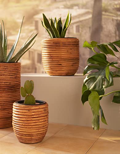 Dekoleidenschaft 2X Pflanzer Rattan 25 + 33 cm hoch, Blumentopf-Set, Pflanztopf-Set, Übertopf-Set mit Einsatz, Blumenübertopf bepflanzbar von Dekoleidenschaft