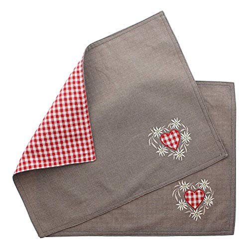 Dekoleidenschaft 2X Platzmatte Alpenglück in braun mit rot-beige kariert Herz & Edelweiß Stickerei, Tischset, Platzset, Platzdeckchen, Tisch-Untersetzer, Tischunterlage von Dekoleidenschaft
