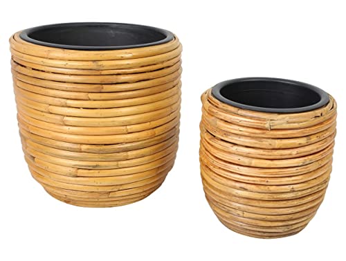 Dekoleidenschaft 2er Set Pflanztöpfe aus Rattan, 25 + 33 cm hoch, Blumentopf mit Kunstoff-Einsatz, Pflanzer, Übertopf-Set, Pflanztopfset, Pflanzkübel, Blumenkübel von Dekoleidenschaft