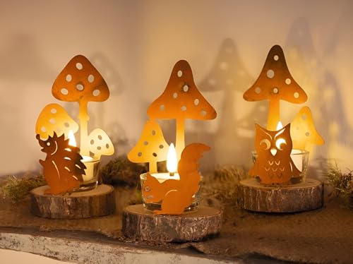 Dekoleidenschaft 3X Teelichthalter Herbst aus Metall in Rost-Optik, 13 cm hoch, Kerzenglas, Tischdeko, Windlicht von Dekoleidenschaft