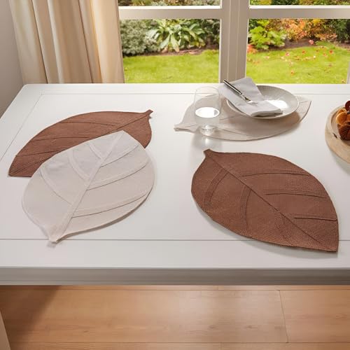 Dekoleidenschaft 4X Platzmatte Blatt aus Jute, beige & braun, 30x45 cm, Platzset, Tischset von Dekoleidenschaft