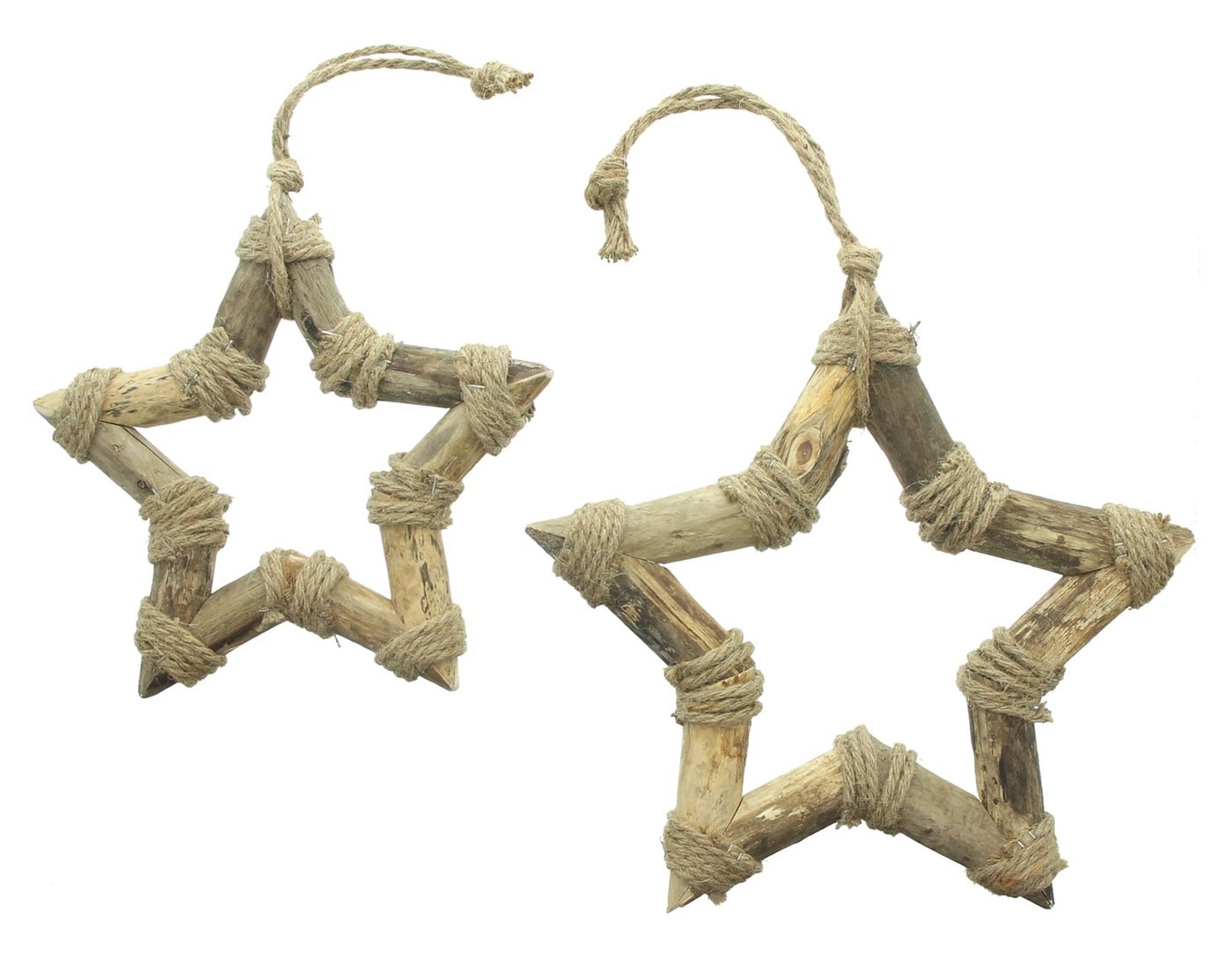 Dekoleidenschaft Dekohänger Stern "Shabby-Chic" aus recyceltem Holz & Jute, Weihnachtsdeko Hänger (2 St., im Set), Ø 26 + 33 cm groß, Weihnachtsbaumschmuck, Deko Weihnachten, Holzsterne von Dekoleidenschaft