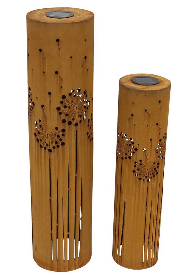 Dekoleidenschaft Dekosäule "Pusteblume" Solar LED Leuchtdeko, Metall, Echt Rost, 60 + 80 cm hoch (2 St., im Set), Rostsäule, Leuchtdeko, Gartendeko für Draußen, Solarleuchte von Dekoleidenschaft