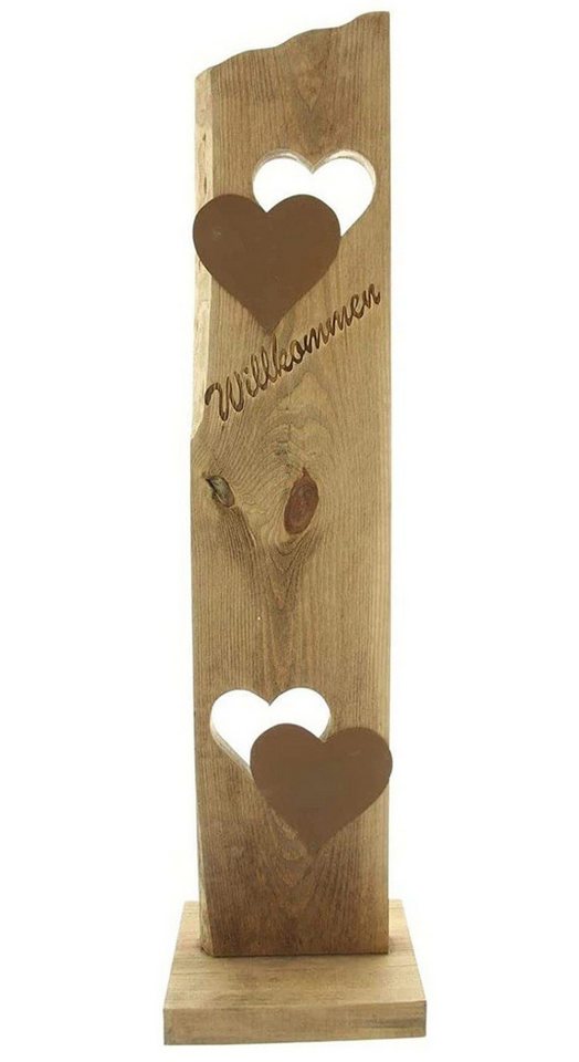 Dekoleidenschaft Dekosäule "Willkommen" aus Holz 80 cm hoch mit 2 Herzen aus Metall in Rostoptik, Welcome Holzdeko, Eingangsbereich, Eingangsdeko, Säule von Dekoleidenschaft
