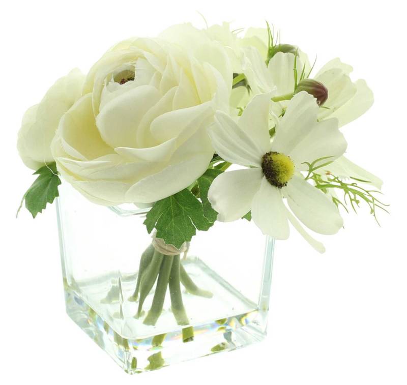 Dekoleidenschaft Dekovase "White" Vase mit Blumenstrauß Deko-Set Glasvase mit künstlichen Blumen, Blumenvase mit Kunstblumen, Tischvase mit weißen Kunstblüten von Dekoleidenschaft