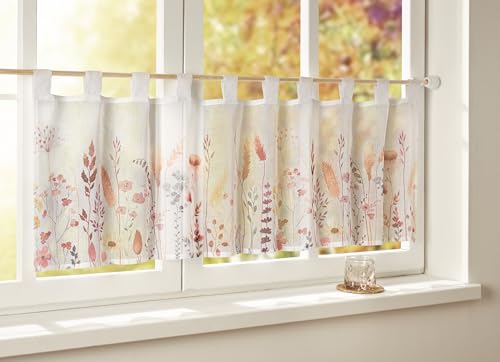 Dekoleidenschaft Fenstervorhang Bunte Blumen 45x140 cm, weiß transparent, Scheibengardine mit Schlaufen von Dekoleidenschaft