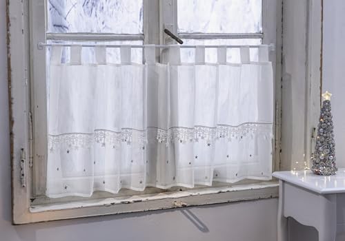Dekoleidenschaft Fenstervorhang Kleine Sterne 140x50 cm, weiß transparent, Spitze, grau Bestickt, Scheibengardine mit Schlaufen von Dekoleidenschaft