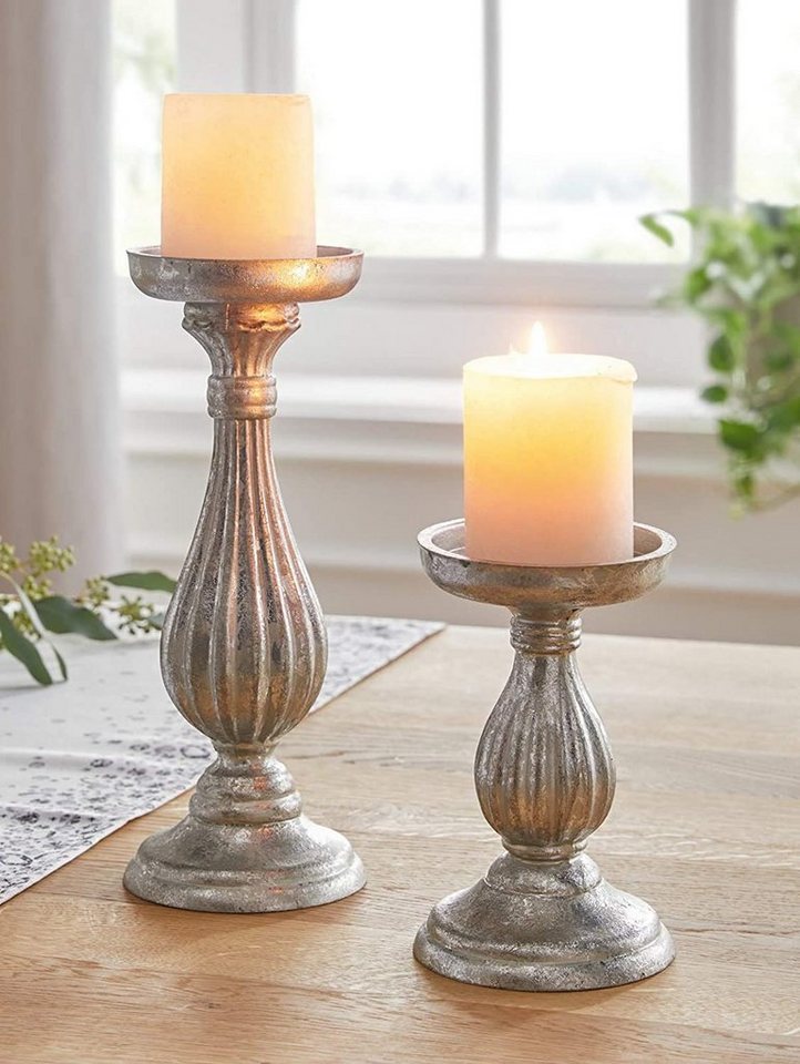 Dekoleidenschaft Kerzenhalter Eleganz" aus Holz in Silber im Antik-Design, Retro Kerzenständer (2 St., im Set)" von Dekoleidenschaft
