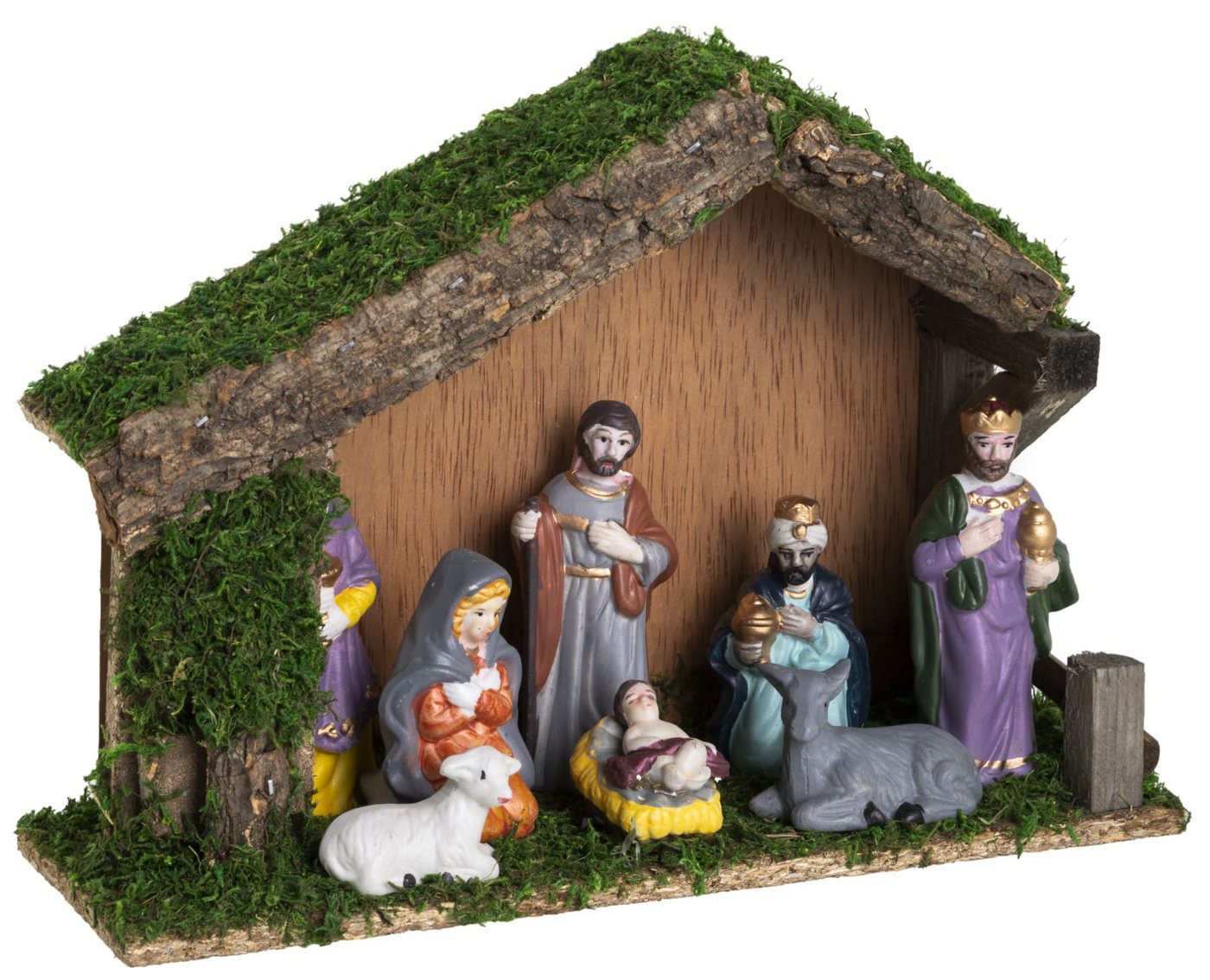 Dekoleidenschaft Krippe aus Holz, Weihnachtskrippe, Holzkrippe mit Moos + 8 Krippenfiguren, aus Porzellan, Weihnachtsfiguren, Weihnachtsdeko von Dekoleidenschaft