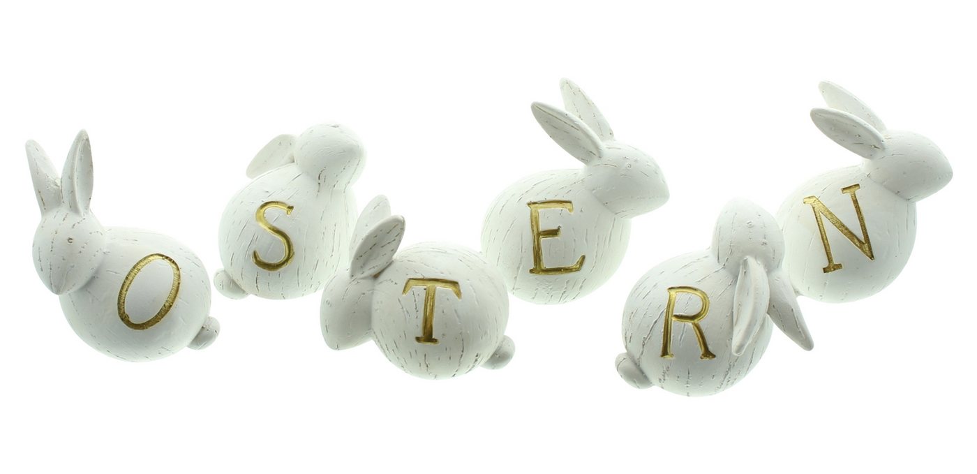 Dekoleidenschaft Osterhase weiß mit Schriftzug OSTERN in gold, Dekofigur, Osterdeko, Tischdeko (6 St), Hasen in Holz Optik im Set von Dekoleidenschaft