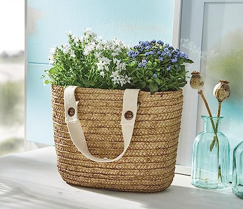 Dekoleidenschaft Pflanzer Strandtasche oval, aus Zement in beige, Blumentopf in Taschenform, Übertopf, Pflanztopf, Pflanzgefäß, Garten-Deko für Draußen von Dekoleidenschaft