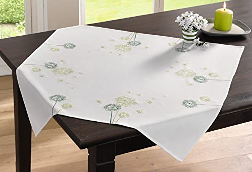 Tischdecke Pusteblume quadratisch, 85x85 cm, weiß mit grüner Stickerei, Mitteldecke, Tischtuch von Dekoleidenschaft