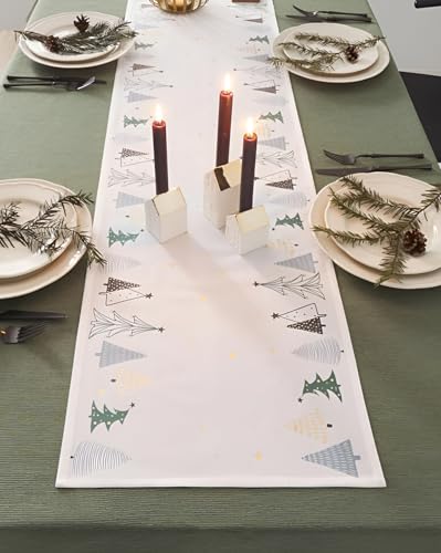 Dekoleidenschaft Tischläufer Tannenbäumchen in weiß mit Samt Haptik, 40x140 cm, Mitteldecke Bedruckt mit Tannenbäumen, Tischband mit Weihnachtsmotiv, Weihnachtstischläufer von Dekoleidenschaft