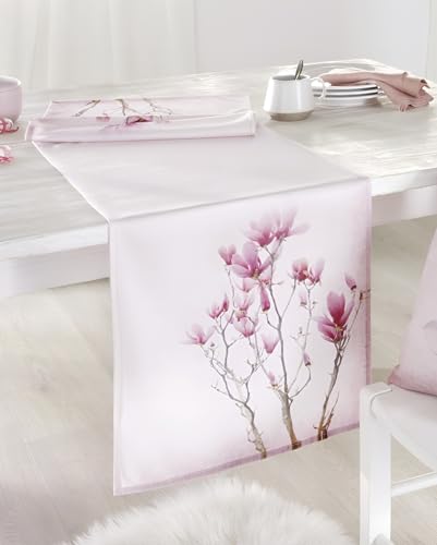 Dekoleidenschaft Tischläufer Tulpenmagnolie in Samt Optik, 40x140 cm, Tischband in rosa mit Blumen-Motiv, Mitteldecke von Dekoleidenschaft