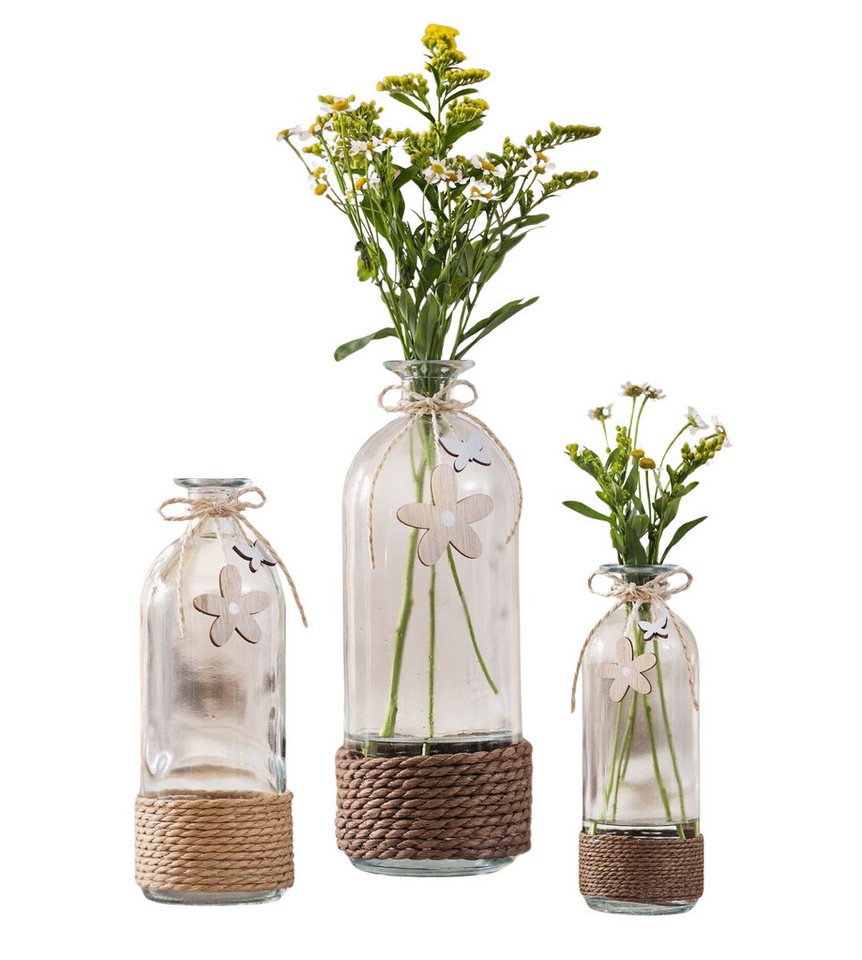 Dekoleidenschaft Tischvase "Blume & Schmetterling" Glas Vase in Flaschenform, Blumenvase Dekovase (3 St., im Set), Glasvase, Vasenset, Flasche, Flaschenvase von Dekoleidenschaft