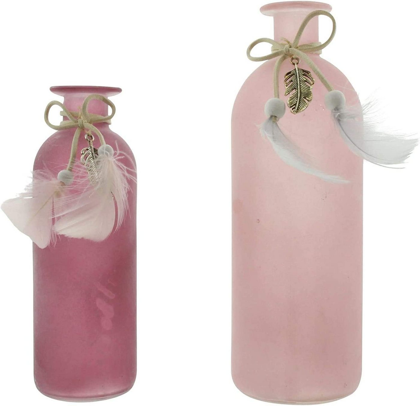 Dekoleidenschaft Tischvase aus Glas in rosa Beeren-Tönen, verziert mit Federn, 16 und 20 cm hoch (2 St., im Set), Glasvase, Blumenvase, Vasenset in Flaschen Form von Dekoleidenschaft
